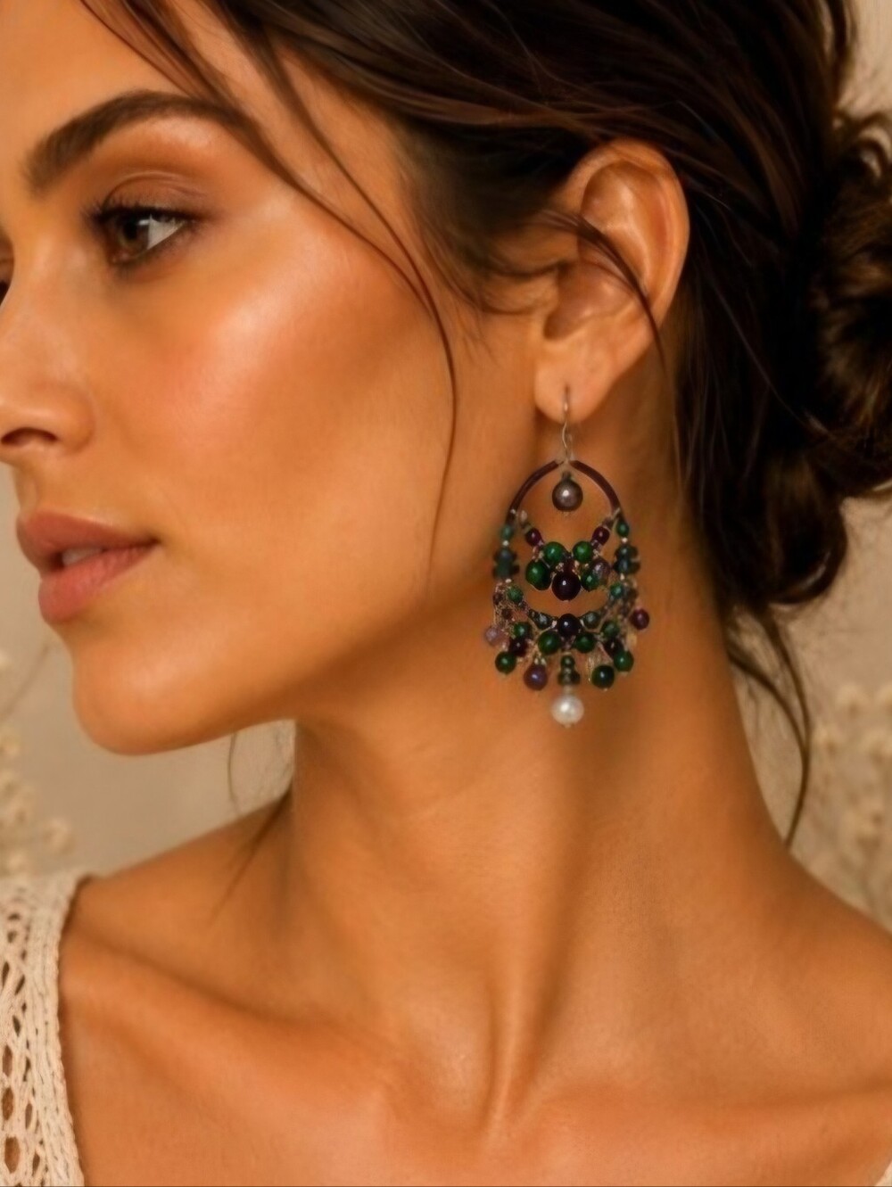 NWT Chico's Declan Green Purple Beaded‎ Chandelier Hoop Earrings Boho Statement
